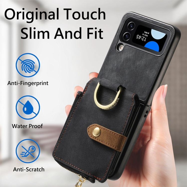 Samsung Galaxy Z Flip4 Retro Skin-feel Ring Zipper Wallet Phone case in stylish design, showcasing its ring function and card holder slots.
